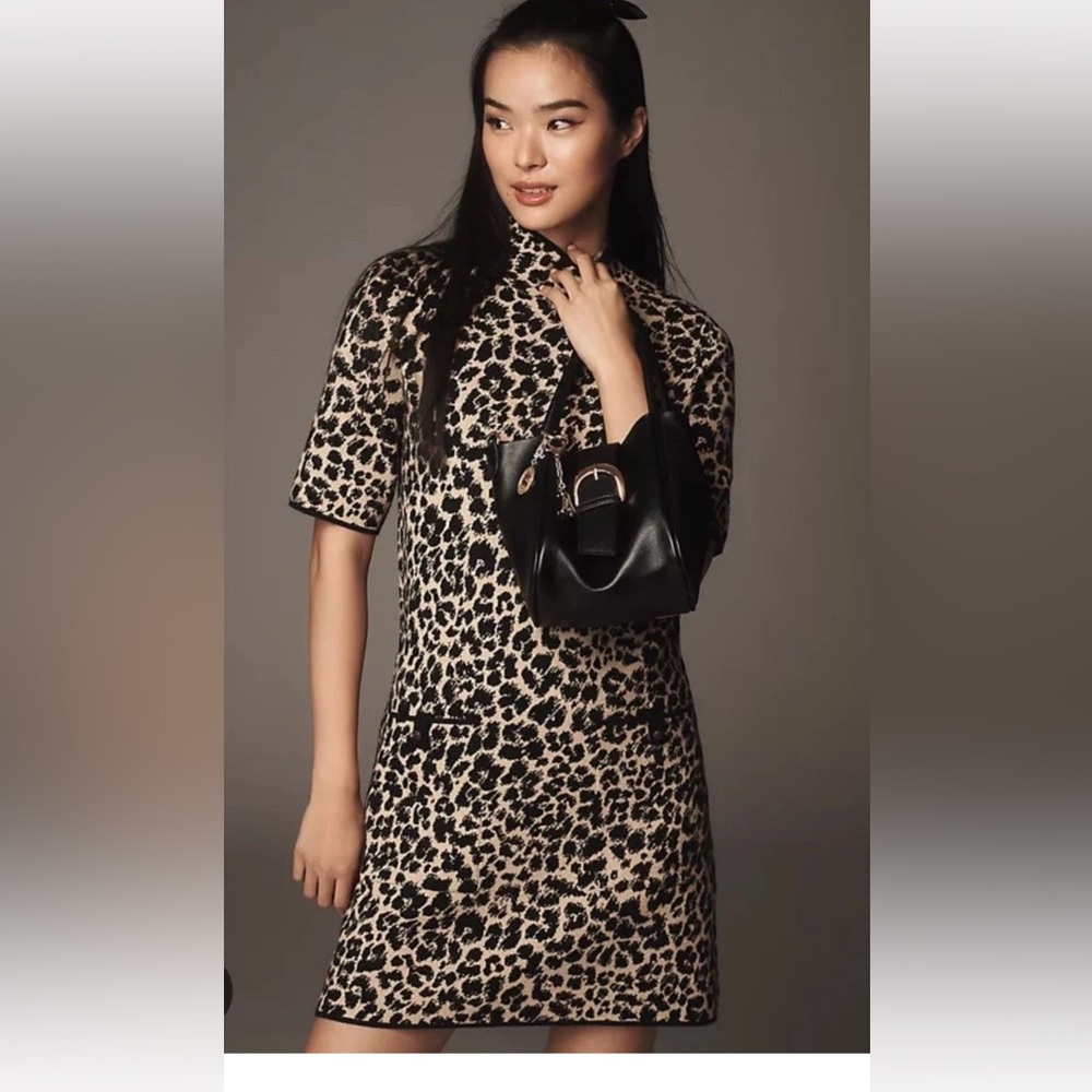 Anthropologie Maeve Annalise Mock Neck Mini Sweater Dress Leopord Tan Black
